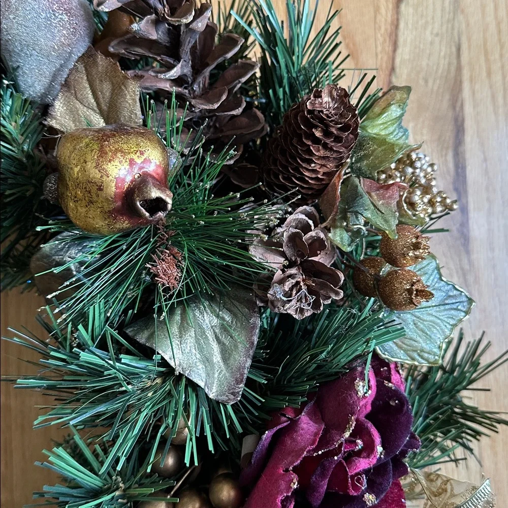 Handcrafted Gold and Wine Red Holiday Wreath